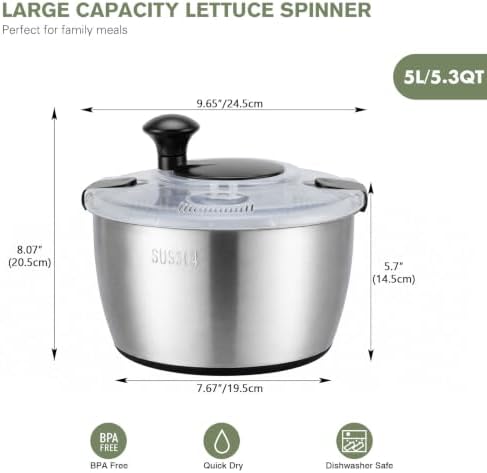 Greentainer 5.3QT Stainless Steel Salad Spinner, Hand-cranked Lettuce Spinner - Image 2