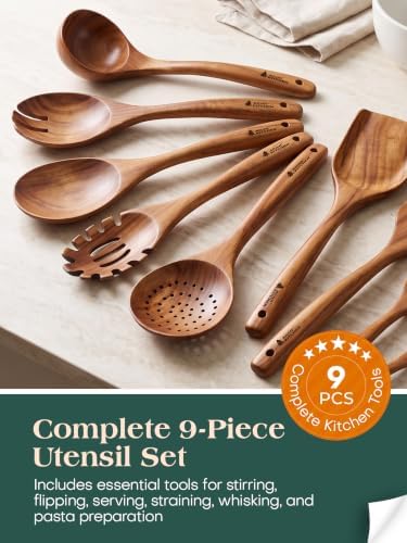 9 Pcs Teak Wooden Utensil Set for Cooking Spoons Spatulas Kitchen Tools - Image 2