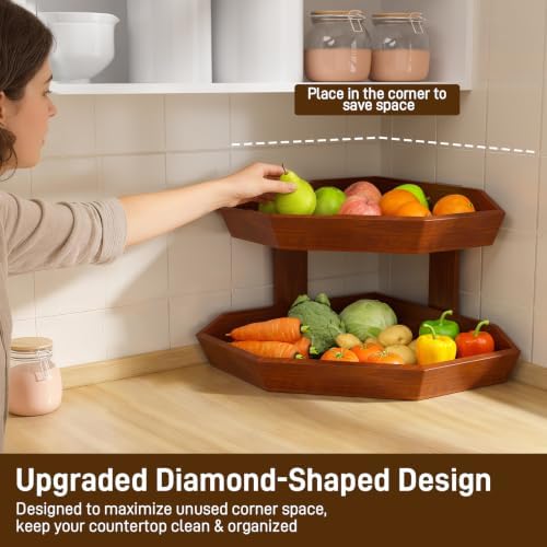 Wooden Fruit Basket for Kitchen Counter 2 Tier Fruit Bowl for Corner - Image 2