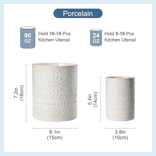 LOVECASA Ceramic Utensil Holder Set of 2, 7.2'' & 5.4'' Kitchen Crocks - Image 2