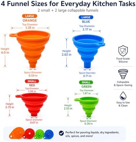 Collapsible Silicone Kitchen Funnels, 4 Pack Food Grade Foldable Funnel Set - Image 2