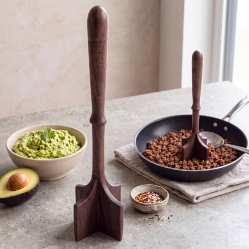 Walnut Wood Meat Chopper for Ground Beef 11 Inch Meat Masher by Ferrochef