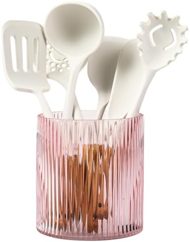 Pink Utensil Holder, 6.3" Glass Kitchen Utensil Holder by FERAHI