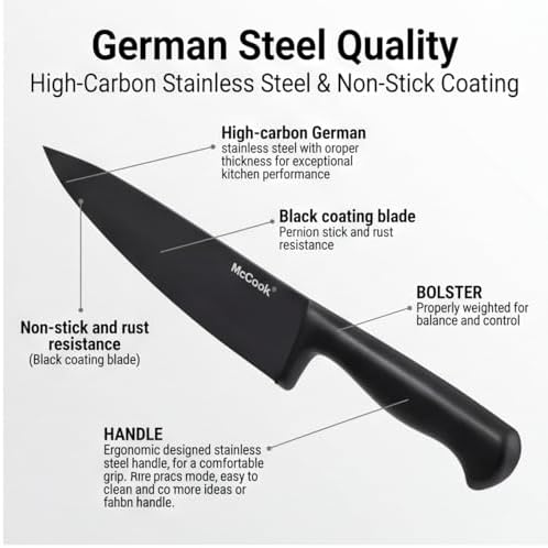McCook Knife Set Black Kitchen Knife Block Set w Built-in Sharpener - Image 4
