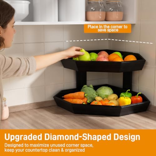 Wooden Fruit Basket for Kitchen Counter 2 Tier Fruit Bowl for Corner - Image 2