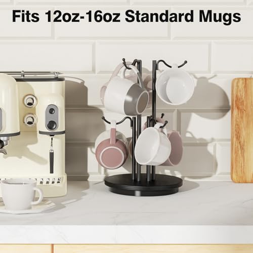 6-Hook 360° Rotating Large Coffee Mug Holder Tree, Wood Base - Image 6