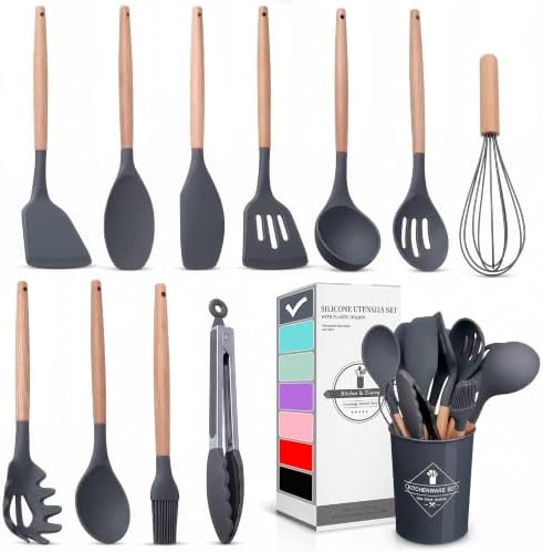 Set of 12 Gray Silicone Kitchen Utensils Set by V-TOWER