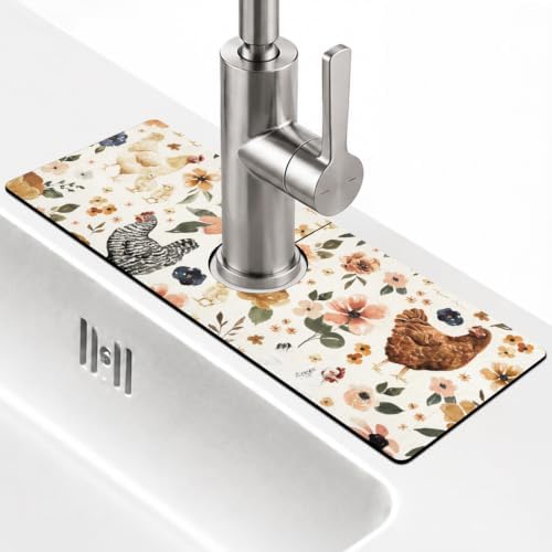 Boho Kitchen Sink Splash Guard Faucet Mat, Watercolor Chicken Hens Floral by Fuoxowk