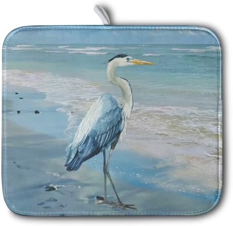 Summer Blue Dish Drying Mat for Kitchen Counter 16x18 Inch Heron Coastal Beach by Kwlegh