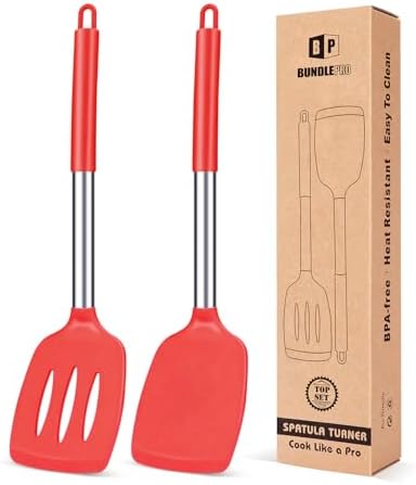 Pack of 2 Silicone Solid Turner, Non Stick Slotted Kitchen Spatulas, High Heat by BUNDLEPRO