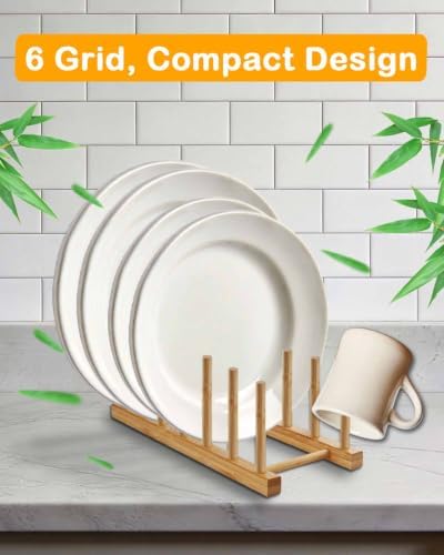 Bamboo Dish Rack, 6-Slot Vertical Wooden Plate Holder & Drainer - Image 3