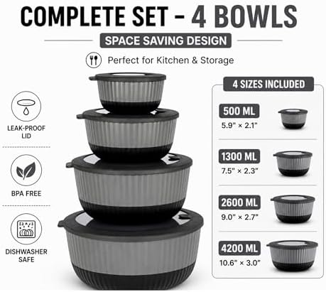 Dora Plastic Mixing Bowls with Lids, 8-Piece Airtight Leak-Proof Nesting - Image 5
