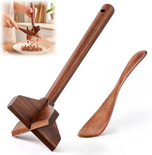 Teak Wooden Meat Chopper & Meat Masher, Ground Beef Masher Set by Saillong