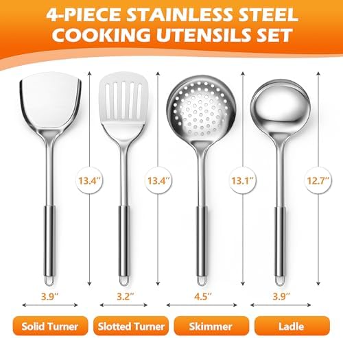 E-far Stainless Steel Cooking Utensils, 4-Piece Metal Kitchen Utensils Set - Image 2