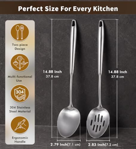 2 Pcs Stainless Steel Cooking Spoons Set, 304 Solid & Slotted Metal Serving - Image 7