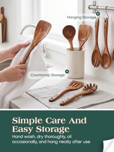 9 Pcs Teak Wooden Utensil Set for Cooking Spoons Spatulas Kitchen Tools - Image 6