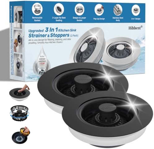 Hibbent 2 Pack 3 in 1 Kitchen Sink Drain Strainer, Metal Pop Up Stopper by Hibbent