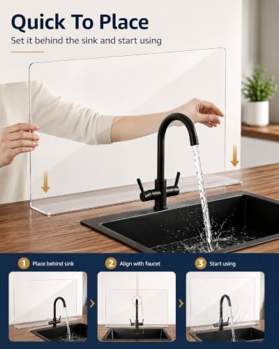 PRETYZOOM Kitchen Sink Splash Guard, Tall Clear Acrylic Water Barrier - Image 4
