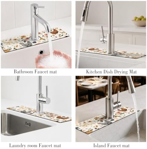 Boho Kitchen Sink Splash Guard Faucet Mat, Watercolor Chicken Hens Floral - Image 6