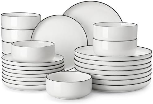 MALACASA Plates and Bowls Sets, 24 Pieces Modern Porcelain Dinnerware Set by MALACASA