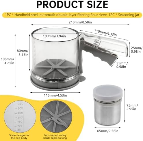 Flour Sifter for Baking with Seasoning Jar, 3 Cup, Hand Press Baking Sieve - Image 2