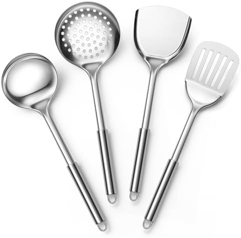 E-far Stainless Steel Cooking Utensils, 4-Piece Metal Kitchen Utensils Set by E-far
