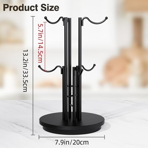 6-Hook 360° Rotating Large Coffee Mug Holder Tree, Wood Base - Image 5