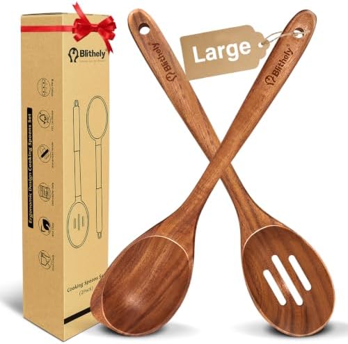 Large Wooden Cooking Spoon Set, Non-Stick Slotted and Corner Serving Spoon by Blithely