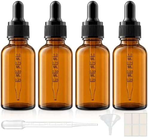 PrettyCare 4 Pack 1 oz Amber Glass Dropper Bottle by PrettyCare