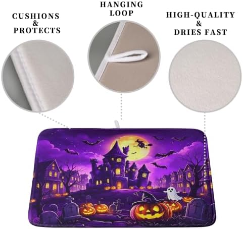 Halloween Dish Drying Mat for Kitchen Counter Witch Castle Bats Ghost Purple - Image 3