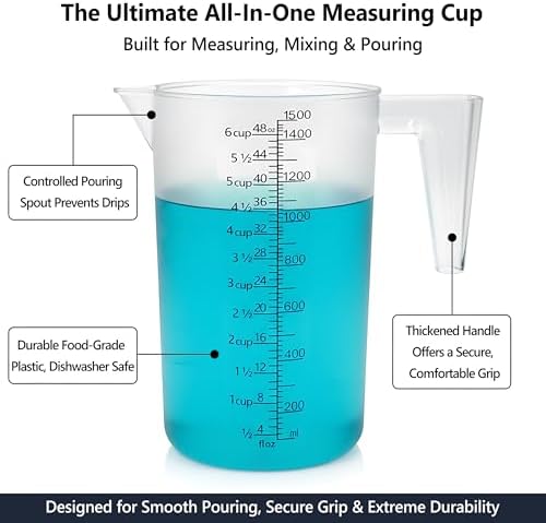 Liquid Measuring Cup with Handle, 48 oz / 6 Cup / 1500 ml Plastic Measuring - Image 4