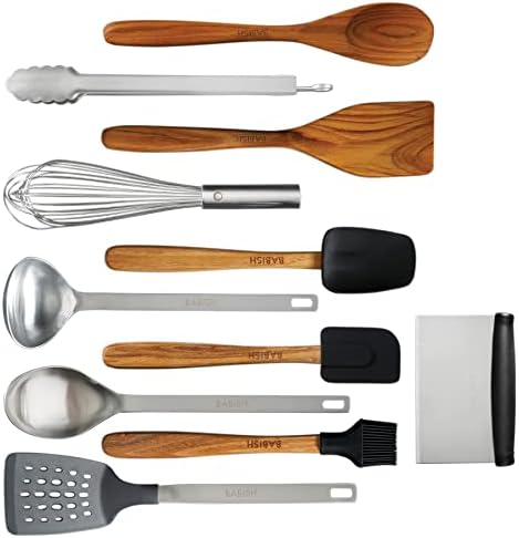 Babish 11 Piece Essential Teak Wood, and Stainless Steel Tool Set by Babish