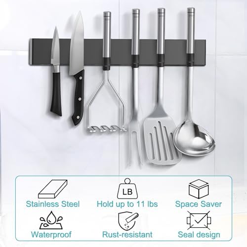 Knife Magnetic Strip With 3 Hooks, No Drill Knife Magnet Tool Holder Bar - Image 6