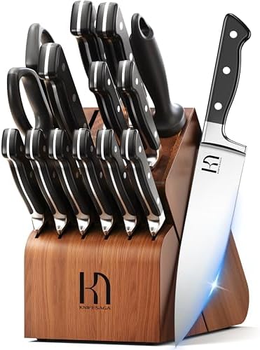 KnifeSaga 15-pc Japanese Kitchen Knife Block Set, Razor Sharp, Professional by PushBoundariesforSharpness