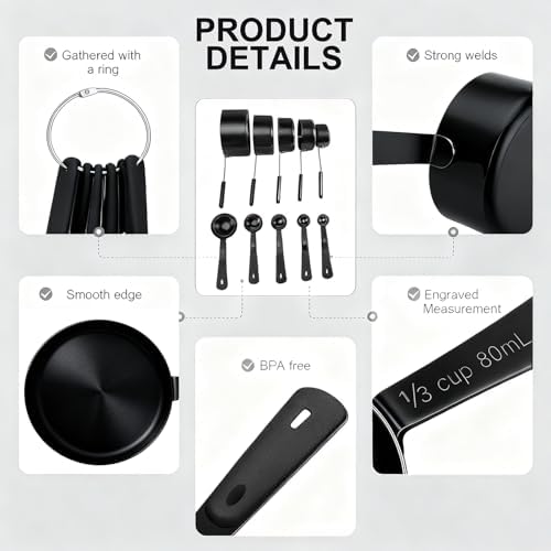 Bopei 10-Pcs Stainless Steel Measuring Cups & Spoons Set, Matte Black - Image 3
