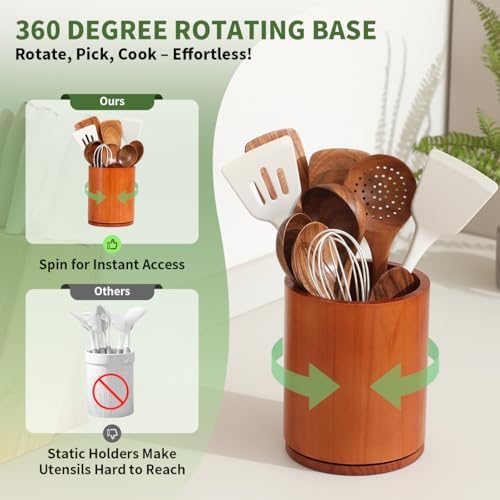 Wood Utensil Holder, 360° Rotating 7.3 in Kitchen Organizer - Image 3