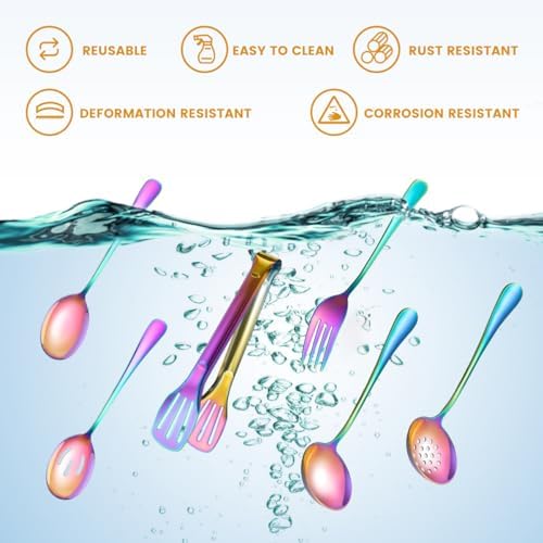 Rainbow Serving Utensils Set Stainless Steel, Slotted Spoons, Soup and Skimmer - Image 3
