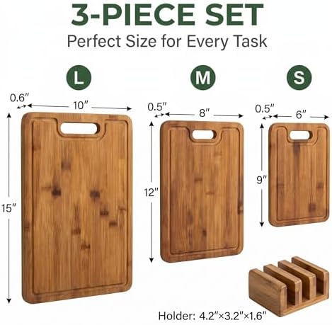 Bamboo Cutting Board Set with Holder, 3 Piece Carbonized Wood Chopping Boards - Image 3