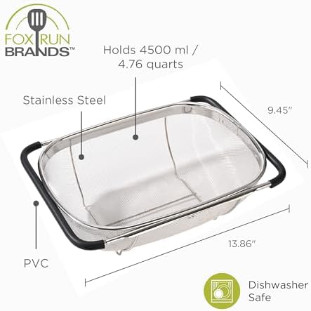 Fox Run Stainless Steel Colander, 4.7 Quart Over The Sink Pasta Strainer - Image 5