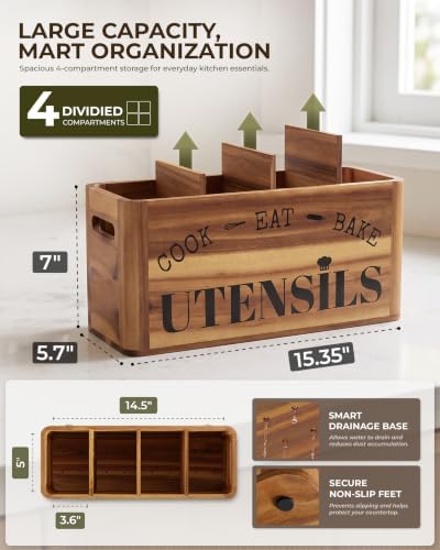 INSAGO Large Acacia Wood Kitchen Utensil Holder Organizer - Image 2