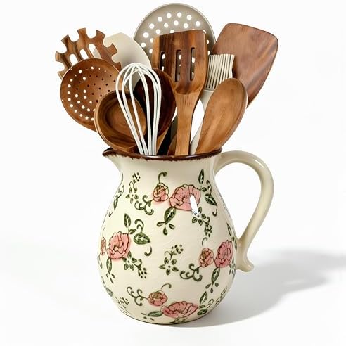 Ceramic Utensil Holder Red Rose 6.1" Rustic Farmhouse Kitchen Counter Crock by ESSGUO