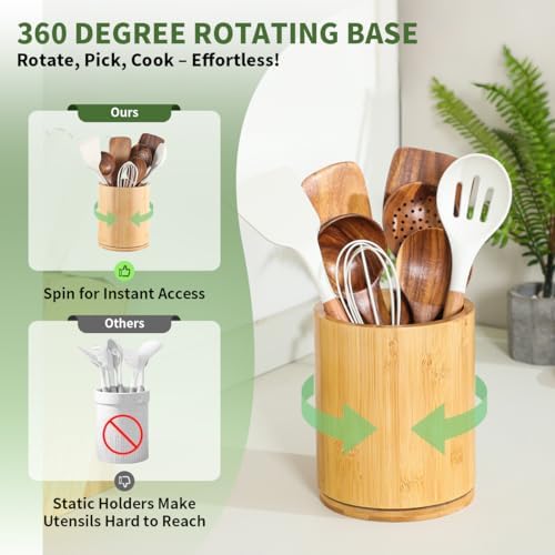 Bamboo Wood Utensil Holder, 360° Rotating 7.3 in Kitchen Organizer - Image 3