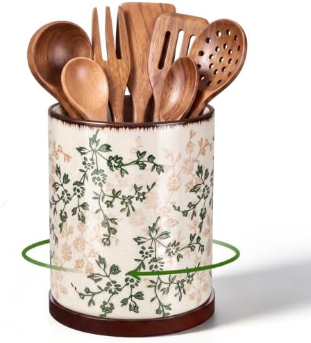 Rustic Rotating Ceramic Utensil Holder Brown Green Floral 6.9" by Unknown