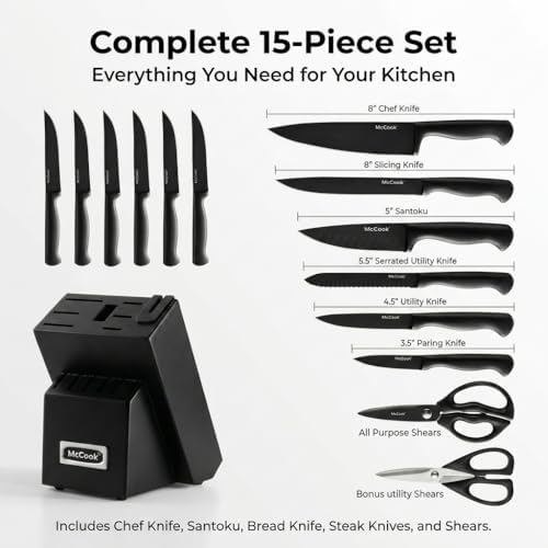 McCook Knife Set Black Kitchen Knife Block Set w Built-in Sharpener - Image 2