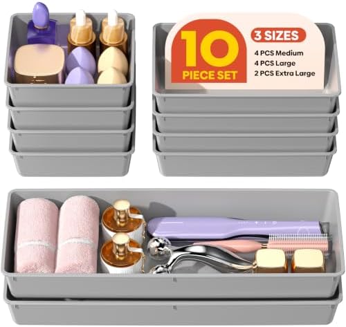 10 Pack Large Size Plastic Drawer Organizers Set, 3 Sizes Desk Drawer Organizer by Unknown