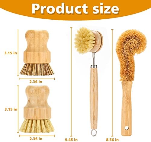 SAMEBUTECO Bamboo Dish Brushes Sets 4 Tools in One Kitchen Clean Dish Scrubber - Image 2