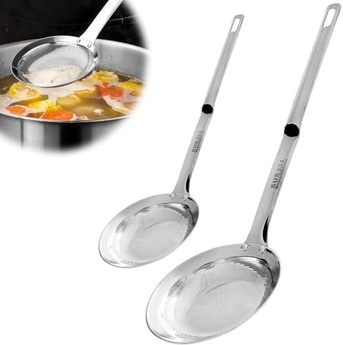 2PCS Stainless Steel Fine Mesh Skimmer, Fat Skimmer Spoon, 2 Sizes Long Handle by zxbaers