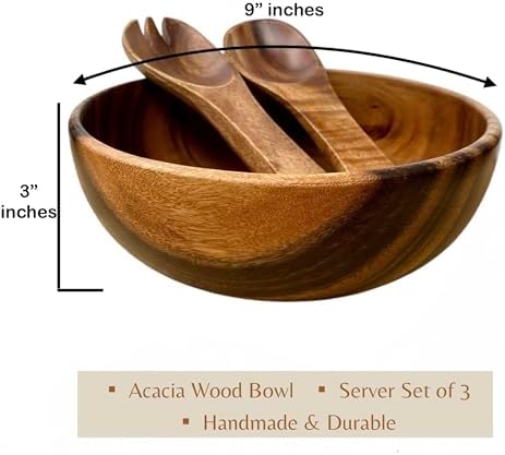 Acacia Wood Salad Bowl Set, 9 In Solid Serving Bowl, 2 Servers - Image 5