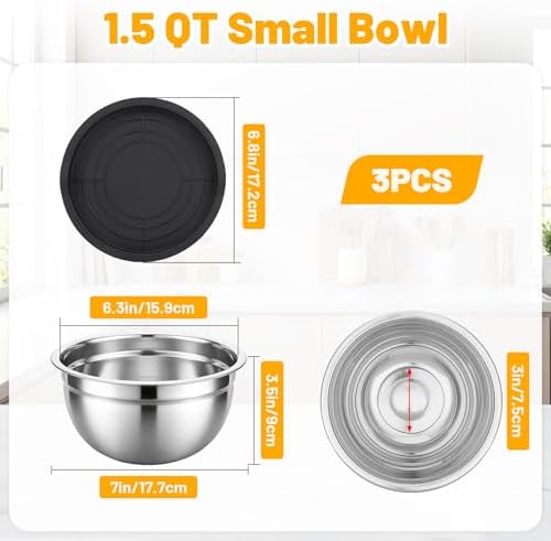Beasea Mixing Bowls with Lids Set of 3, 1.5 QT Stackable Stainless Steel Mixing - Image 2