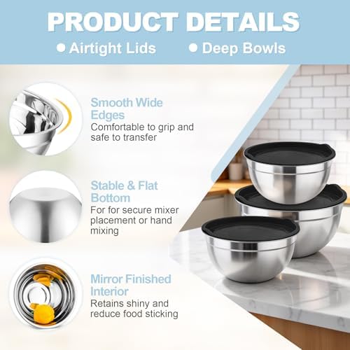TeamFar Mixing Bowls, Stainless Steel Nesting Salad Bowls & Airtight Lids - Image 3
